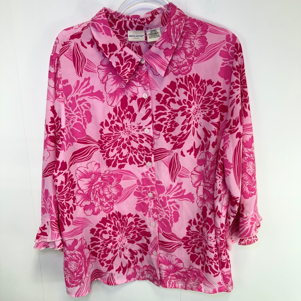 White‎ Stag Floral Button Down Blouse Pink Combo Ruffle Sleeve 18W/20W Tropical